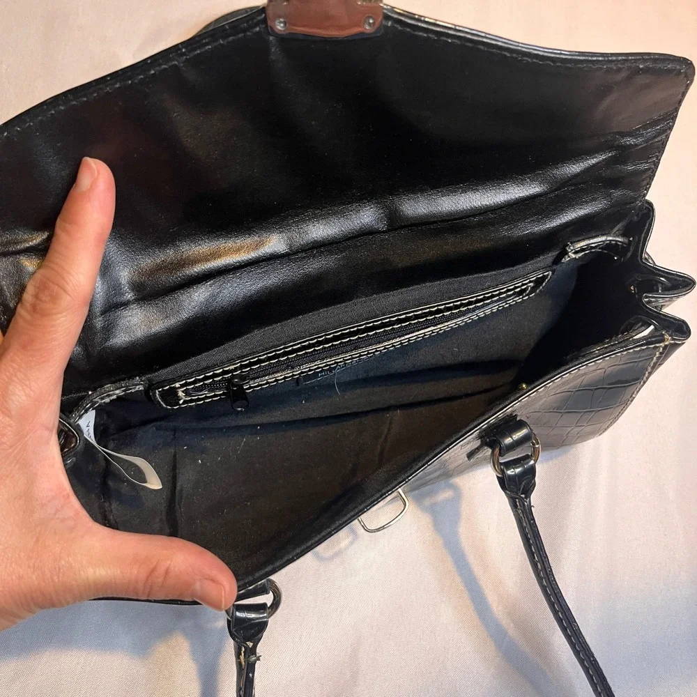 Hillard & Hanson Black Croc Embossed Shoulder Bag Faux Leather Y2K Silver Buckle